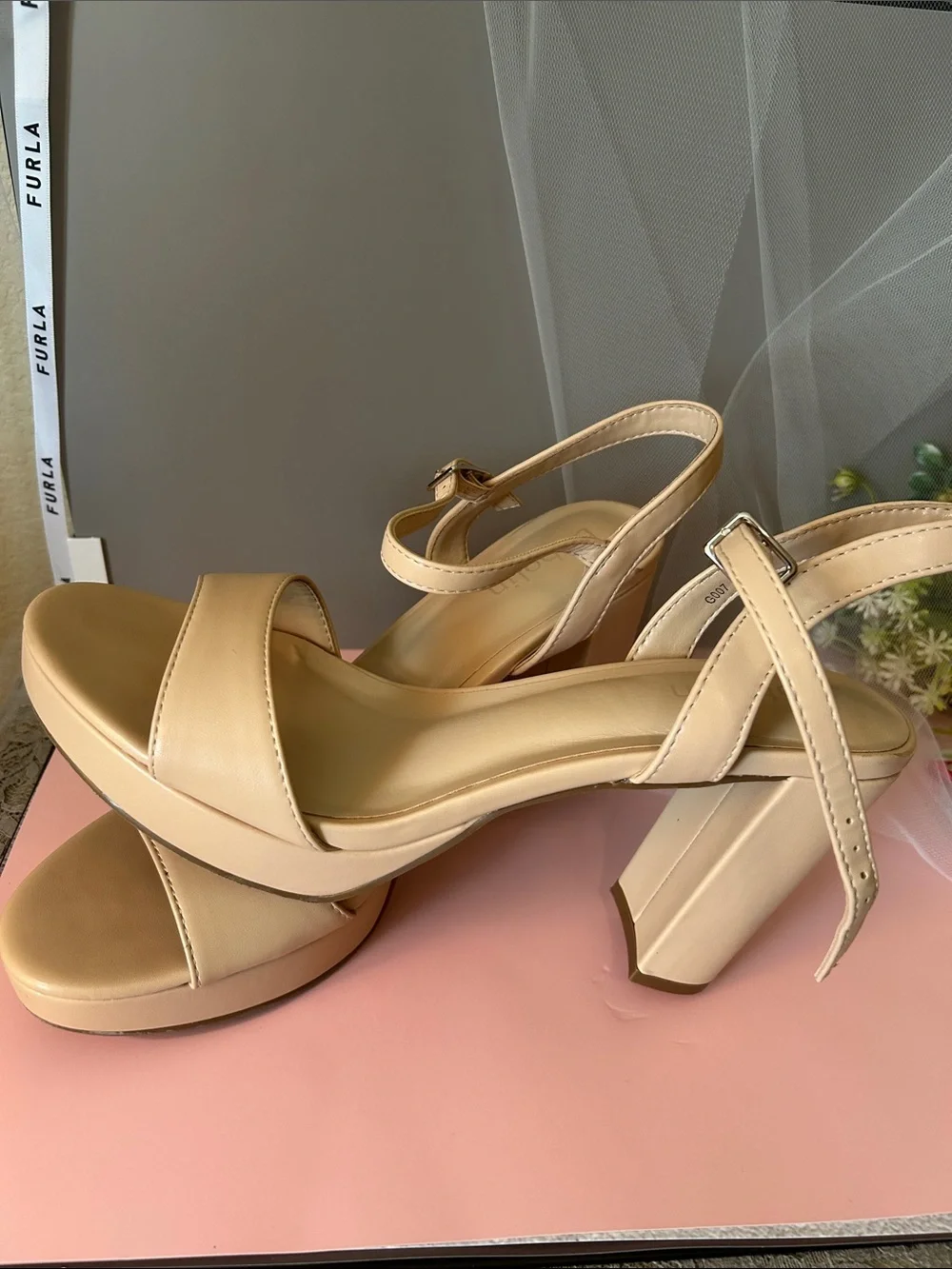 Nude Beige Block Heel Platform Sandals with Ankle Strap Like new